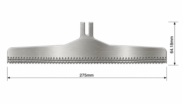 Rovema Compatible: 275 x 64.18/61.59 x 2mm, Serrate one side 5mm, Bevel opposite side, Taper to Centre. 440B 54-56 HRC technical image