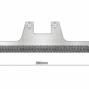 Bosch Compatible: 260 x 53.6 x 2/3mm, Serrate one side 3mm, Bevel opposite side, Recess (legs) both sides. 440B 54-56 HRC
