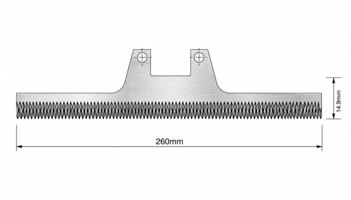 Bosch Compatible: 260 x 53.6 x 2/3mm, Serrate one side 3mm, Bevel opposite side, Recess (legs) both sides. 440B 54-56 HRC technical image
