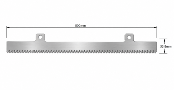 Compatible with PKT machines 500 x 53.8 x 3mm, Serrate one side 4mm, Bevel opposite side. 440B 54-56 HRC technical image